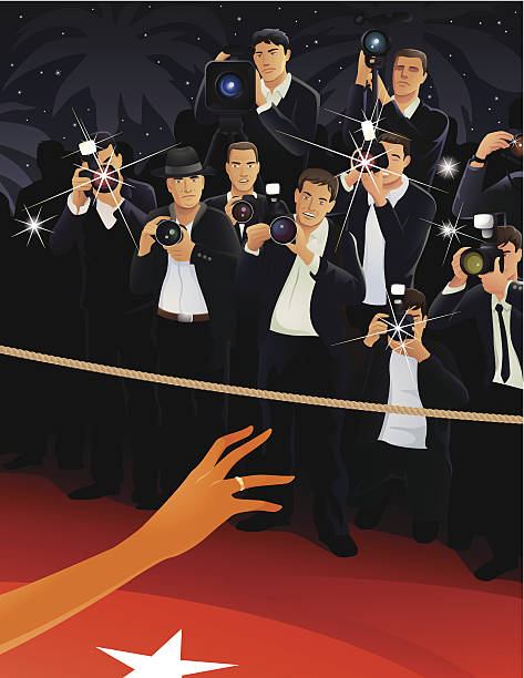 ilustraciones, imágenes clip art, dibujos animados e iconos de stock de la espera de los paparazzi de famosos - large group of people flash