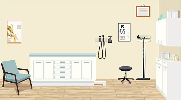 ilustraciones, imágenes clip art, dibujos animados e iconos de stock de consultorio médico con equipos médicos y armarios de ilustración - consultorio médico