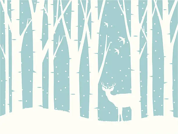 Vector illustration of Illustrated winter science with trees, snow and a deer