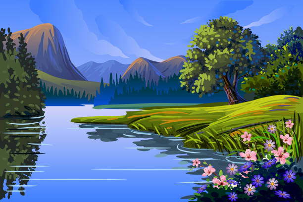ilustrações, clipart, desenhos animados e ícones de linda primavera paisagem de fundo / - paintings tree landscape field