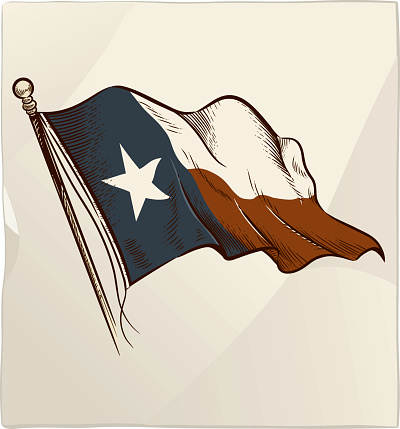 The flag of Texas created in a vintage pen and ink style set against a wrinkled paper background.