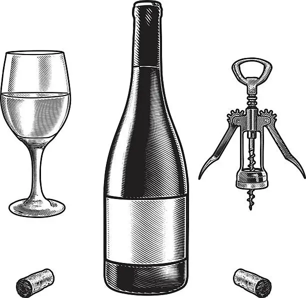 Vector illustration of Engraved illustration of wine bottle and glass