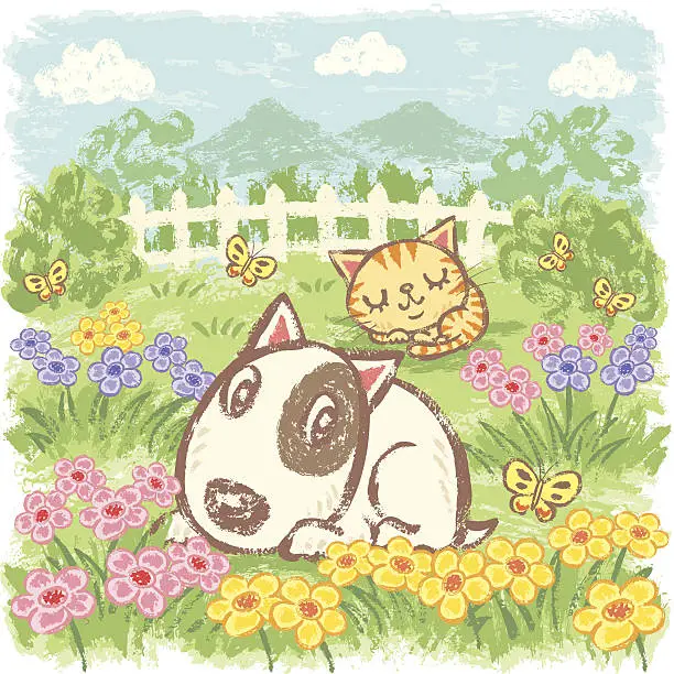 Vector illustration of Dog and Cat in garden