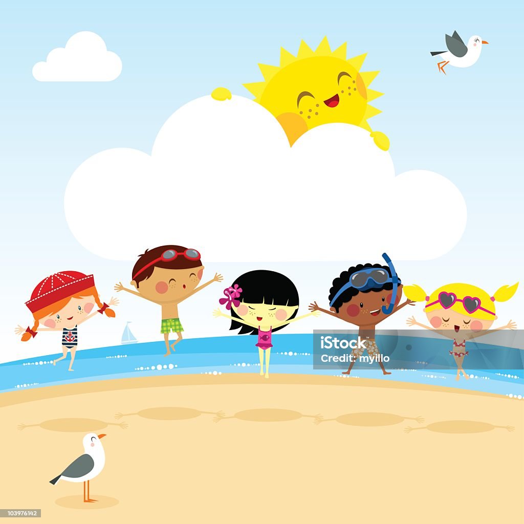 Bambini sulla spiaggia. Divertimento sole estivo myillo Illustrazione vettoriale - arte vettoriale royalty-free di Bambino