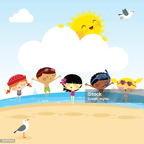 Bambini Sulla Spiaggia Divertimento Sole Estivo Myillo Illustrazione Vettoriale - Immagini vettoriali stock e altre immagini di Bambino