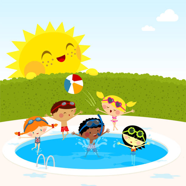 ilustraciones, imágenes clip art, dibujos animados e iconos de stock de niños en la piscina - early teens child swimming pool swimming