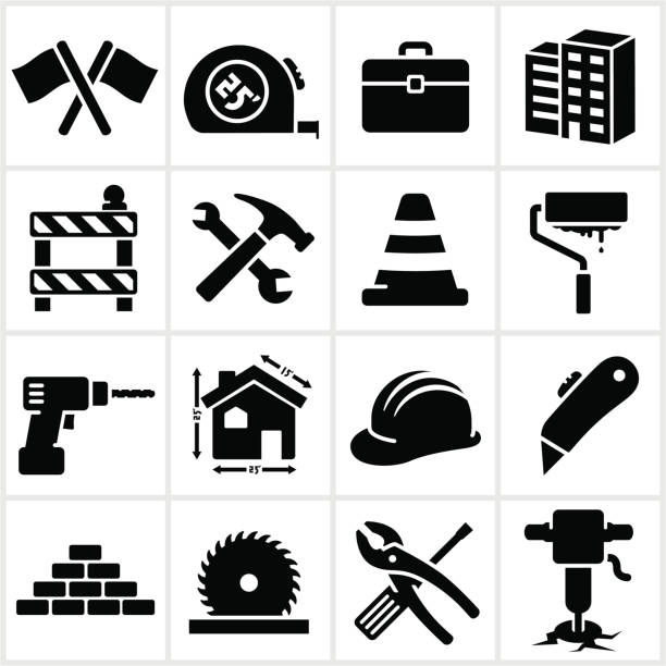 reihe von schwarzen construction icons - home improvement hammer saw work tool stock-grafiken, -clipart, -cartoons und -symbole