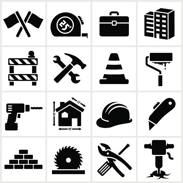 일련의 검정색 공사장 아이콘 - construction equipment stock illustrations