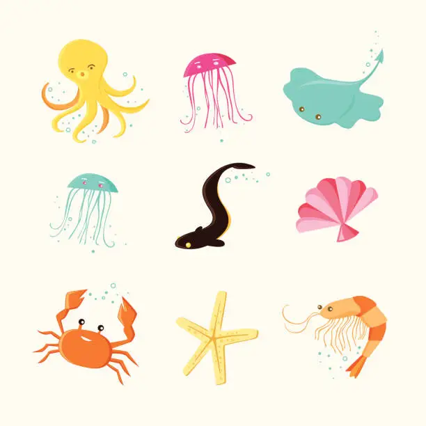 Vector illustration of Cute Sea life icons