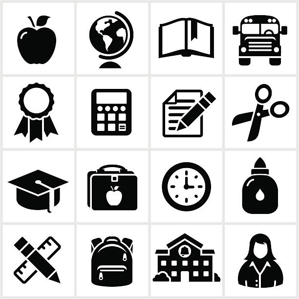 School and Education Icons Black school icons. White areas are cut away from illustrations and black areas merged. school supplies stock illustrations