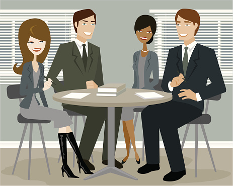 A group of business people sitting around a table for a meeting. No gradients were used when creating this illustration.