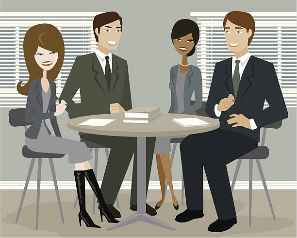 Business Meeting A group of business people sitting around a table for a meeting. No gradients were used when creating this illustration. four people office stock illustrations