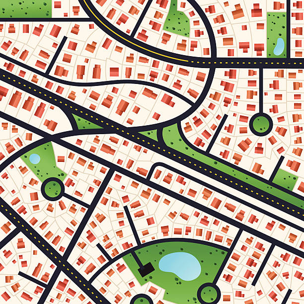 ilustraciones, imágenes clip art, dibujos animados e iconos de stock de mapa de la ciudad - housing development development residential district aerial view