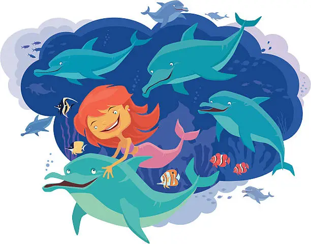 Vector illustration of mermaid and dolphins