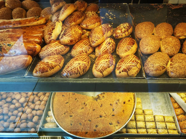 istock Baklava and breads showcase of a bakery 1039766310