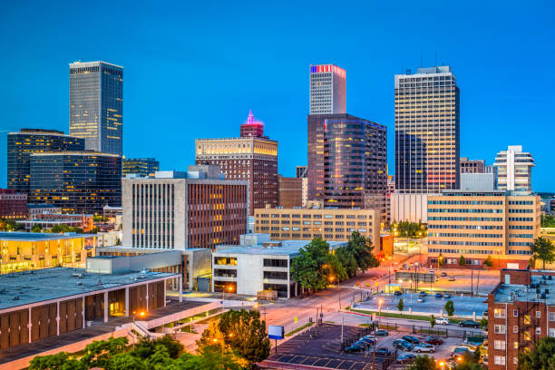 Tulsa, Oklahoma, USA Tulsa, Oklahoma, USA downtown city skyline at twilight. tulsa landmark stock pictures, royalty-free photos & images