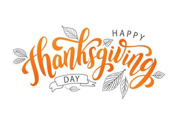 Happy thanksgiving. Hand drawn text Lettering card. Vector illustration. Happy thanksgiving day with autumn leaves. Hand drawn text lettering. Vector illustration. Script. Calligraphic design for print greetings card, shirt, banner, poster. Colorful fall thanksgiving holiday drawings stock illustrations