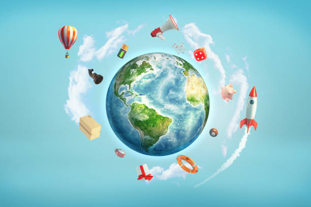 istock 3d rendering of Earth globe surrounded by large objects, like rockets, dice, batteries and billiard balls flying around it. 1039807718