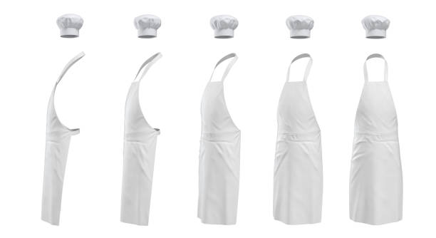 istock 3d rendering of a set of white chief's apron a hat shown in five different angles from the viewer. 1039807834