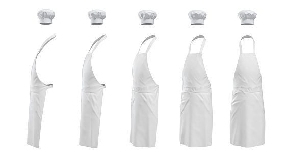 3d rendering of a set of white chief's apron a hat shown in five different angles from the viewer.