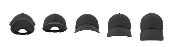 renderowanie 3d pięciu czarnych czapek baseballowych pokazanych w jednej linii w widoku z przodu, ale pod różnymi kątami. - baseball cap men style cap zdjęcia i obrazy z banku zdjęć