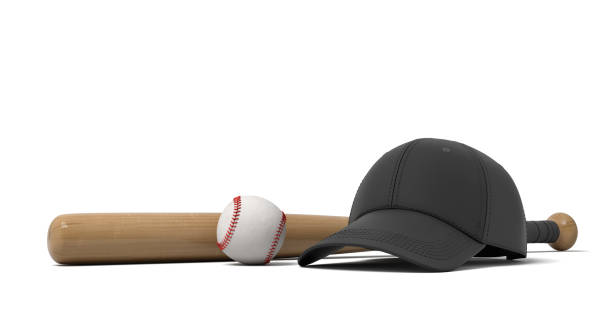 rendering 3d di una baseball bianca con cuciture rosse, berretto da baseball nero e mazza di legno su sfondo bianco. - baseball practicing pitcher softball foto e immagini stock