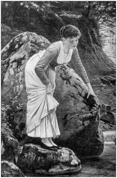 istock Antique painting illustration: Woman stepping on stone 1039811312