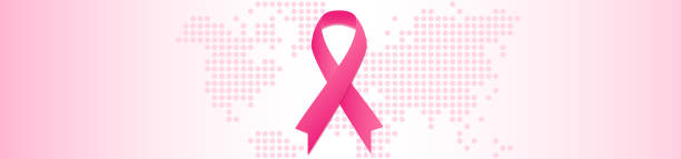 Breast cancer awareness campaign concept. October month. Pink smooth wave ribbon on background with rose digital map, like as healthy clean cells. Vector horizontal illustration. Women's health breast cancer symbol for facebook stock illustrations