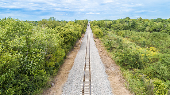 Empty railroad tracks vanishing into the horizon