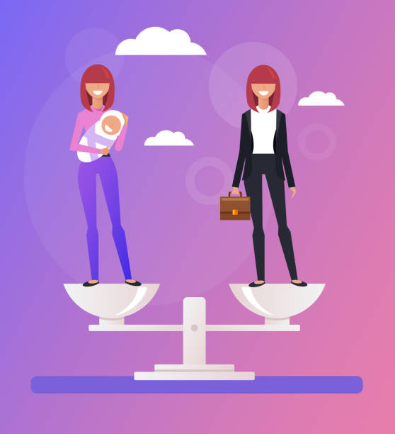 ilustraciones, imágenes clip art, dibujos animados e iconos de stock de negocios mujer y ama de casa personajes en escala. opción familiar de carrera vs. ilustración gráfica de diseño de planos de dibujos animados de vector - working mother working mother balance