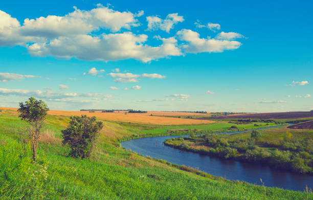 istock Sunny summer landscape with fields,river and beautiful woods. 1039829114