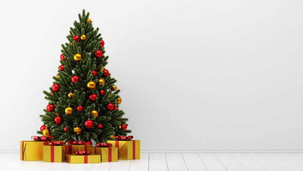 istock decorated christmas tree with gift boxes in white room 1039839880