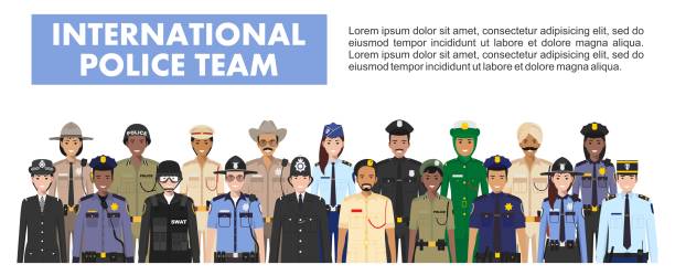 International police people concept. Detailed illustration of SWAT officer, policeman, policewoman and sheriff in flat style on white background. Vector illustration. International police team. Detailed illustration of police different countries in flat style on white background. whitehall street stock illustrations