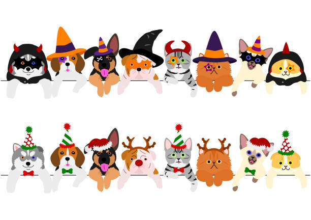 cute puppies and kitties border set with Halloween costumes and with Christmas costumes cute puppies and kitties border set with Halloween costumes and with Christmas costumes cat face paint stock illustrations