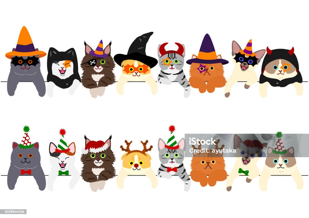 cute kittens border set, with Halloween costumes and with Christmas costumes Border - Frame stock vector