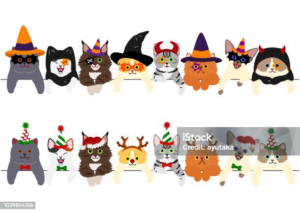 Cute Kittens Border Set With Halloween Costumes And With Christmas Costumes Stock Illustration - Download Image Now