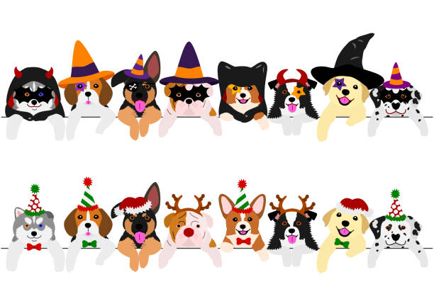 귀여운 강아지 테두리 설정, 크리스마스 의상과 할로윈 의상 - devil dogs stock illustrations