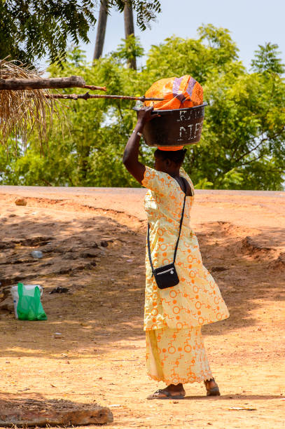 Unidentified Senegalese woman in colored suit carries a basin on her head on the coast of the Casamance river CASAMANCE RIVER, SENEGAL - APR 29: Unidentified Senegalese woman in colored suit carries a basin on her head on the coast of the Casamance river casamance river stock pictures, royalty-free photos & images