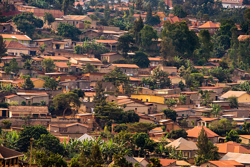 View of small, closely packed houses on a hillside in Nyamirambo, a semi-rural suburb of Kigali, Rwanda