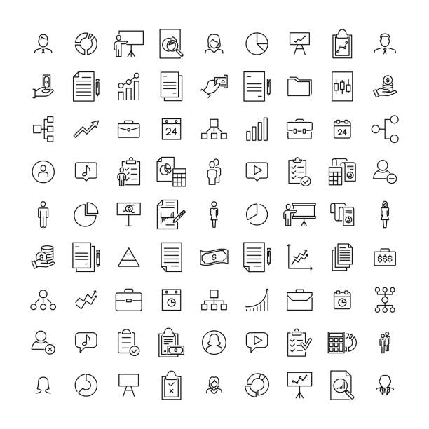 ilustrações de stock, clip art, desenhos animados e ícones de simple collection of management related line icons. - business computer icon symbol icon set