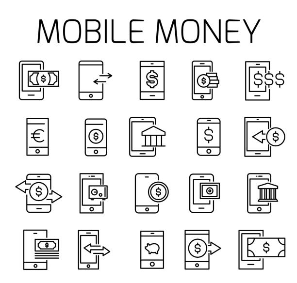 Mobile money related vector icon set Mobile money related vector icon set. Well-crafted sign in thin line style with editable stroke. Vector symbols isolated on a white background. Simple pictograms. hanging mobile stock illustrations