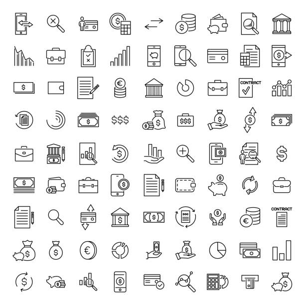 Simple collection of banking related line icons. Simple collection of banking related line icons. Thin line vector set of signs for infographic, logo, app development and website design. Premium symbols isolated on a white background. banking icons stock illustrations