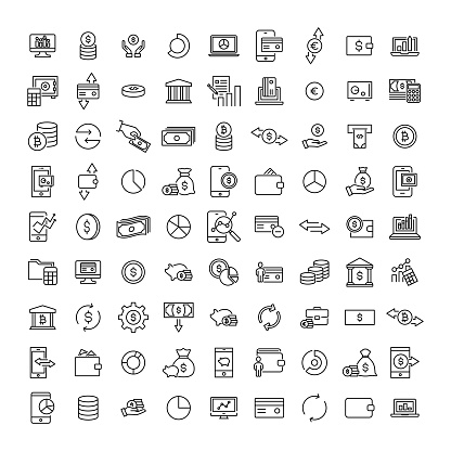 Simple collection of money related line icons. Thin line vector set of signs for infographic, logo, app development and website design. Premium symbols isolated on a white background.