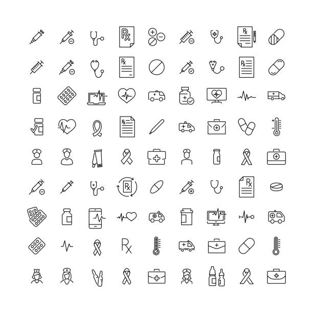 Simple collection of health related line icons. Simple collection of health related line icons. Thin line vector set of signs for infographic, logo, app development and website design. Premium symbols isolated on a white background. medical research blood stock illustrations