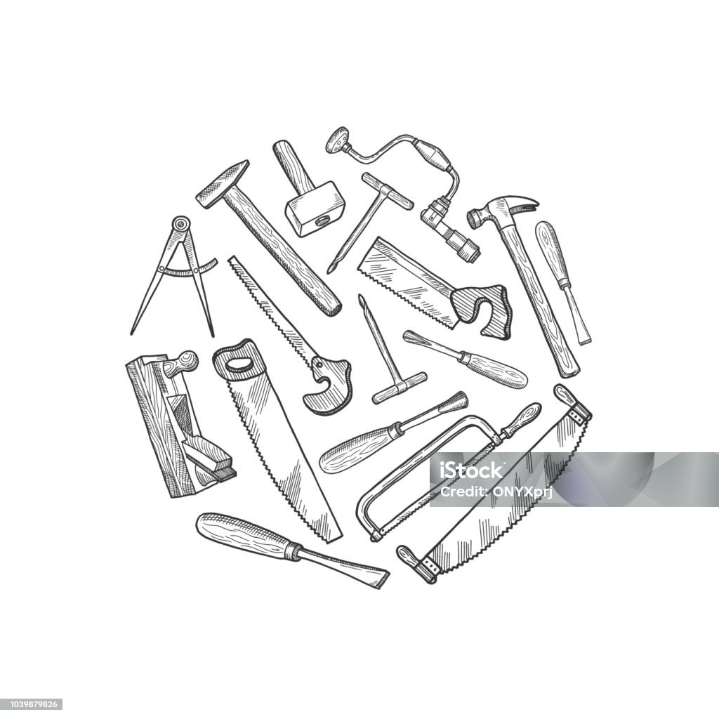 Vector hand drawn carpentry elements illustration Vector hand drawn carpentry elements in circle shape isolated on white illustration Carpentry stock vector