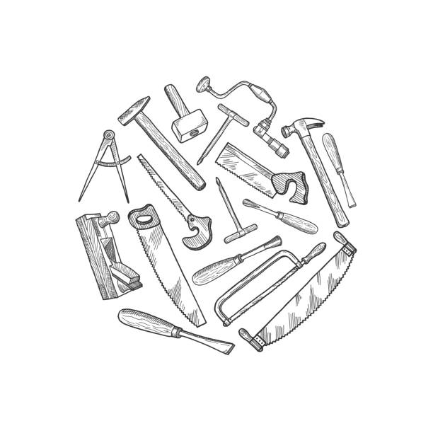 Vector hand drawn carpentry elements illustration Vector hand drawn carpentry elements in circle shape isolated on white illustration drawing of hand tool stock illustrations