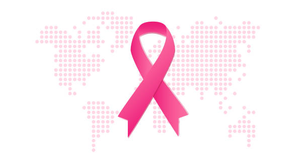 Breast cancer awareness campaign concept. October month. Pink smooth wave ribbon on background with rose digital map, like as healthy clean cells. Vector horizontal illustration. Women's health breast cancer symbol for facebook stock illustrations