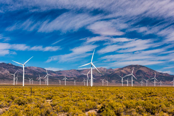 Row of wind turbines on desert