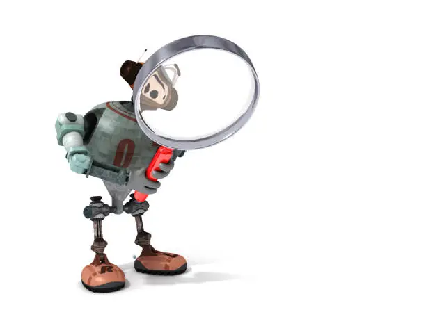 a little Robot Looking Down Through a Magnifying Glass with a White Background