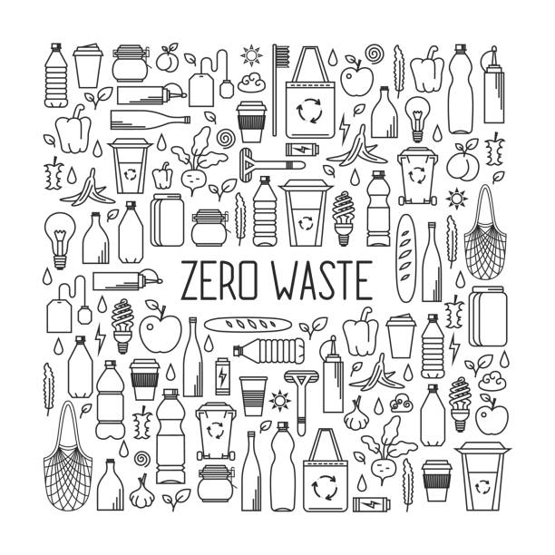 illustrazioni stock, clip art, cartoni animati e icone di tendenza di concetto di spreco zero. collezione line art di elementi eco e rifiuti - spreco alimentare